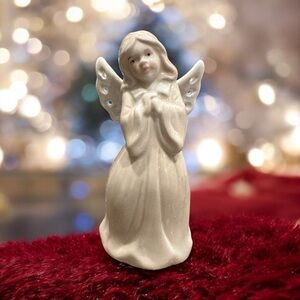 Vtg Porcelain Praying Angel Figurine in Latte Robe with Pierced Wing 4.5” tall